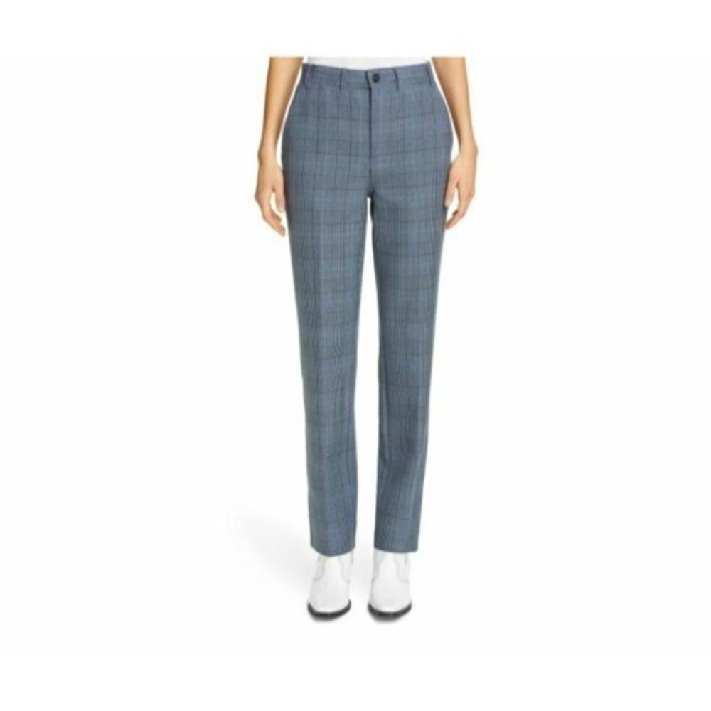 Ganni Pants Blue Plaid Suiting High Rise Straight Leg Trousers SZ 32 EU NWT
